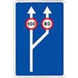 señal de trafico Paso de uno a dos carriles de circulación con especificación de la velocidad máxima en cada uno de ellos
